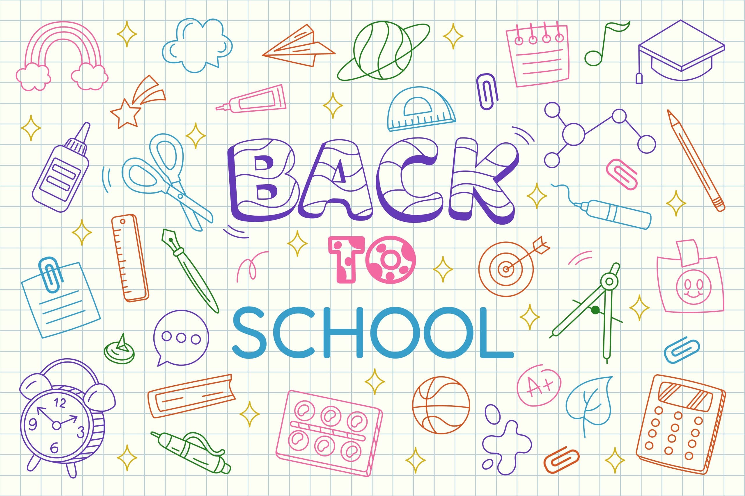 Back to school. Doodle drawings on notebook paper. Book pattern. Students stationery. Line sketch texture. College education. Teacher science. Children studying tidy icons Vector creative background