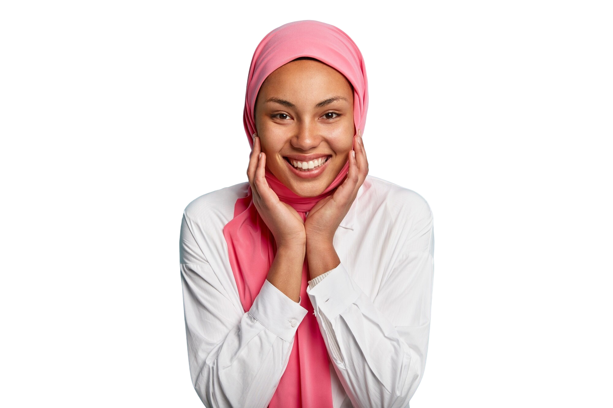 headshot-pleasant-looking-muslim-woman-touches-cheeks-with-both-hands-shows-white-teeth-wears-white-shirt-pink-veil-isolated-against-blue-wall-expresses-joy-happiness-delight