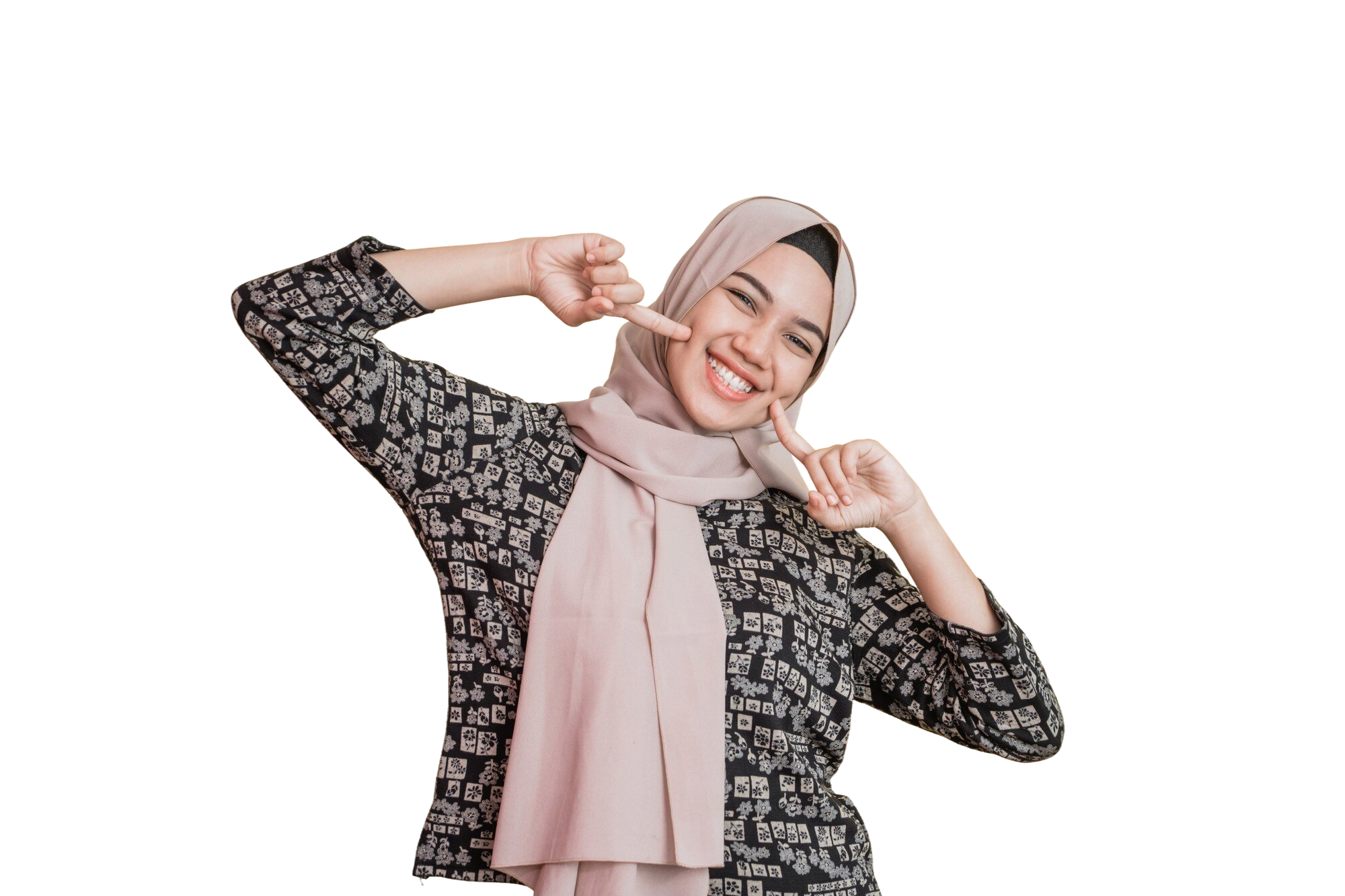 muslim-hijab-woman-two-fingers-chin-smiling-happily