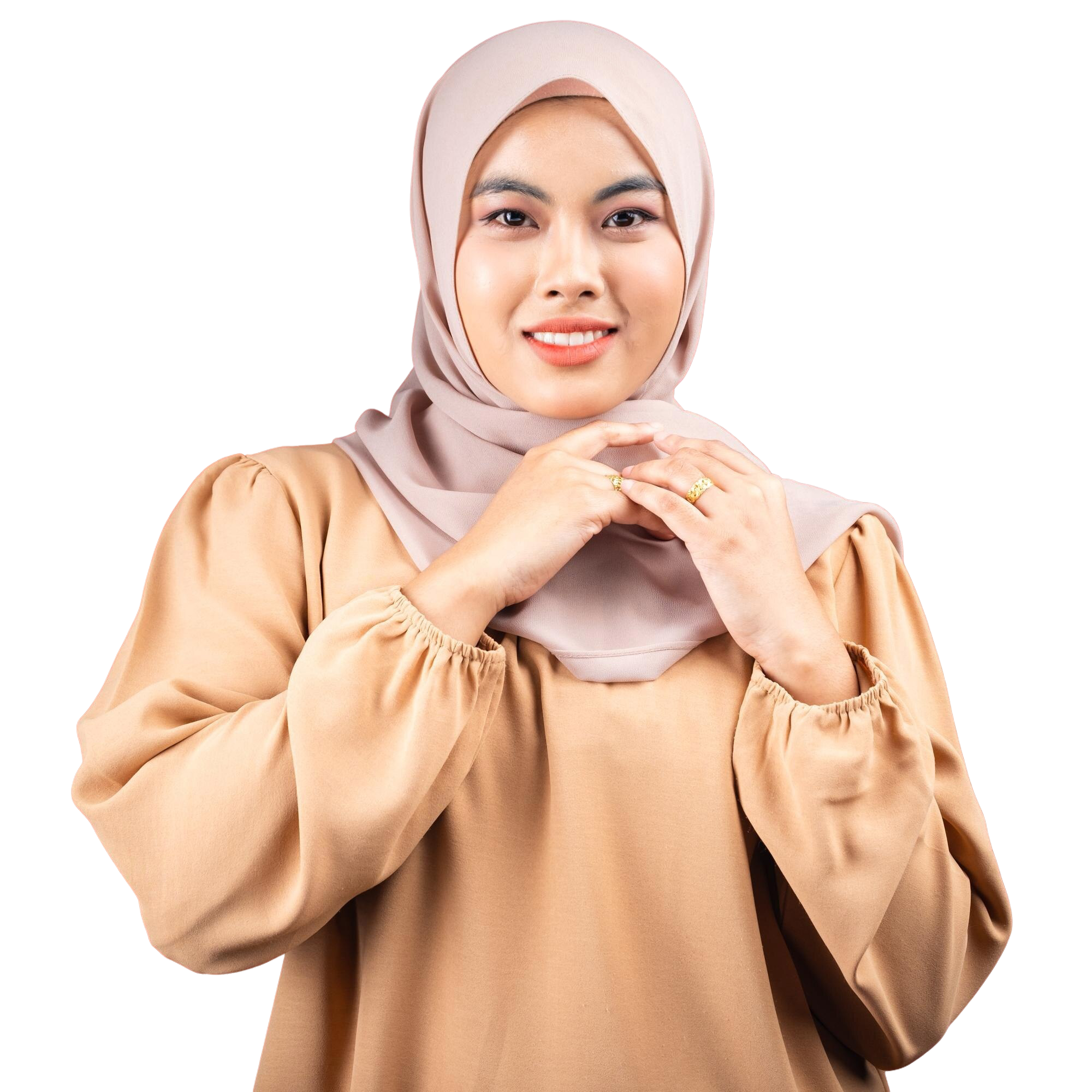 woman-tan-shirt-tan-scarf-is-smiling-wearing-tan-shirt