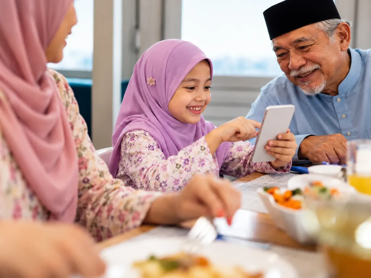 Atuk dan cucu Melayu tersenyum di meja makan