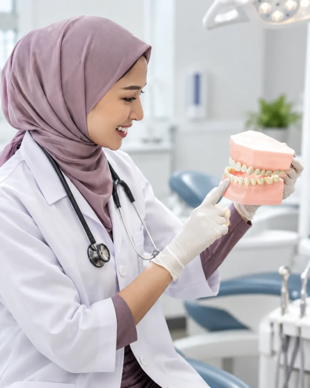 Doktor gigi wanita Melayu menunjukkan model gigi