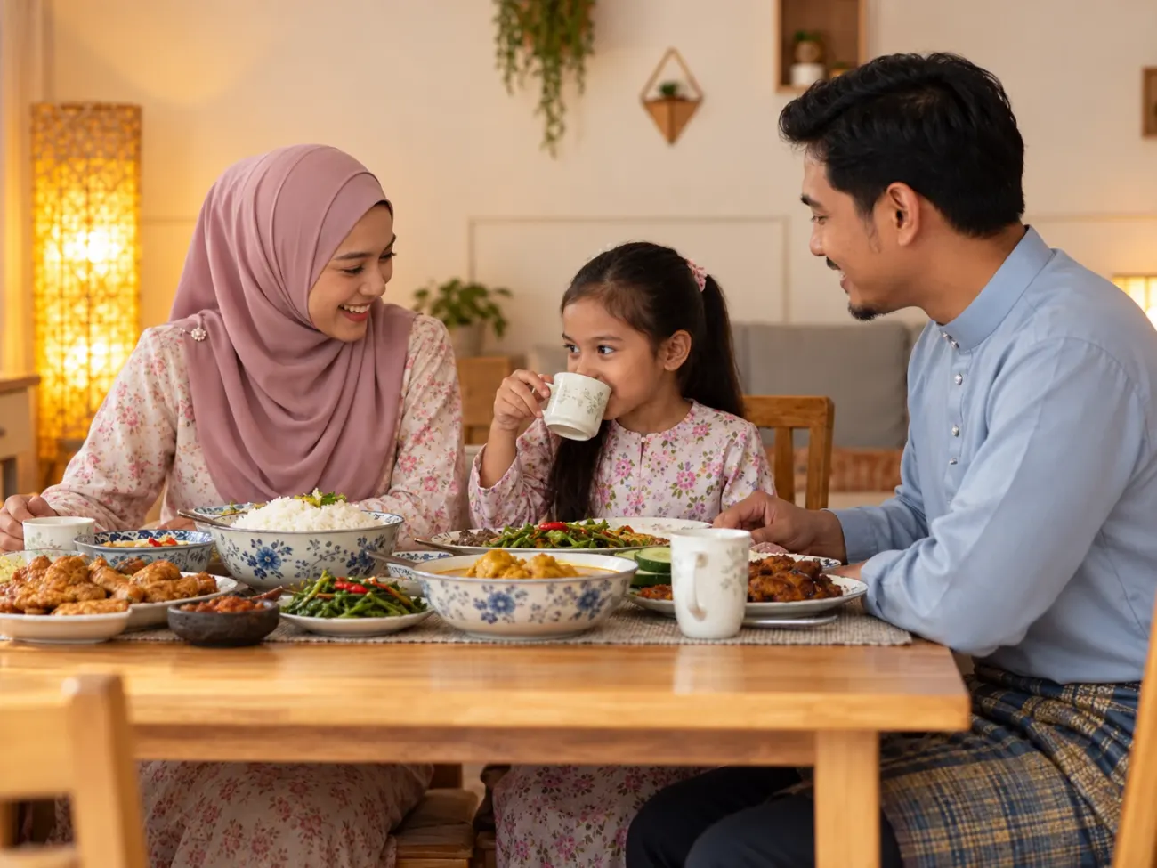 Keluarga Melayu makan bersama di rumah