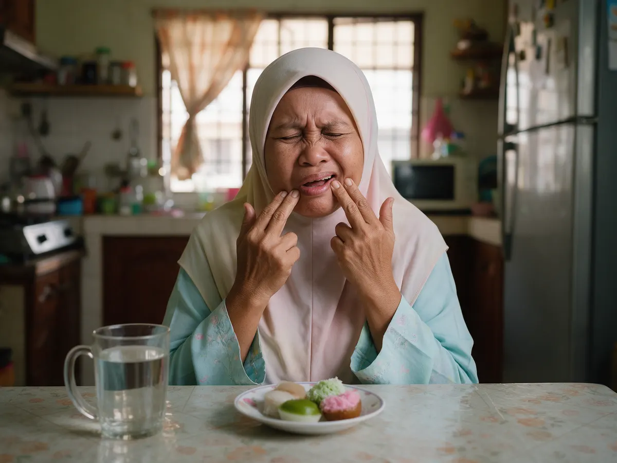 Mak cik Melayu menekan pipi kerana gusi sakit
