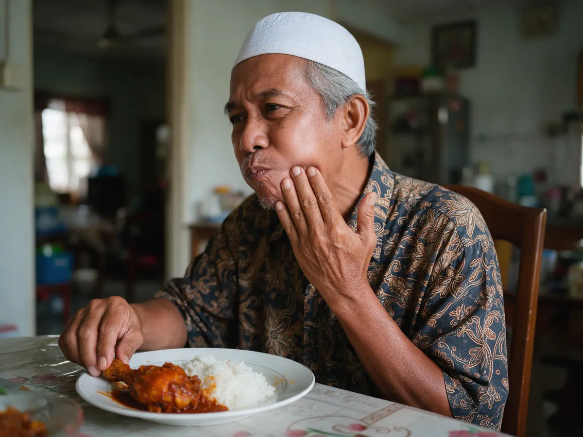 Pak cik Melayu memegang rahang ketika makan