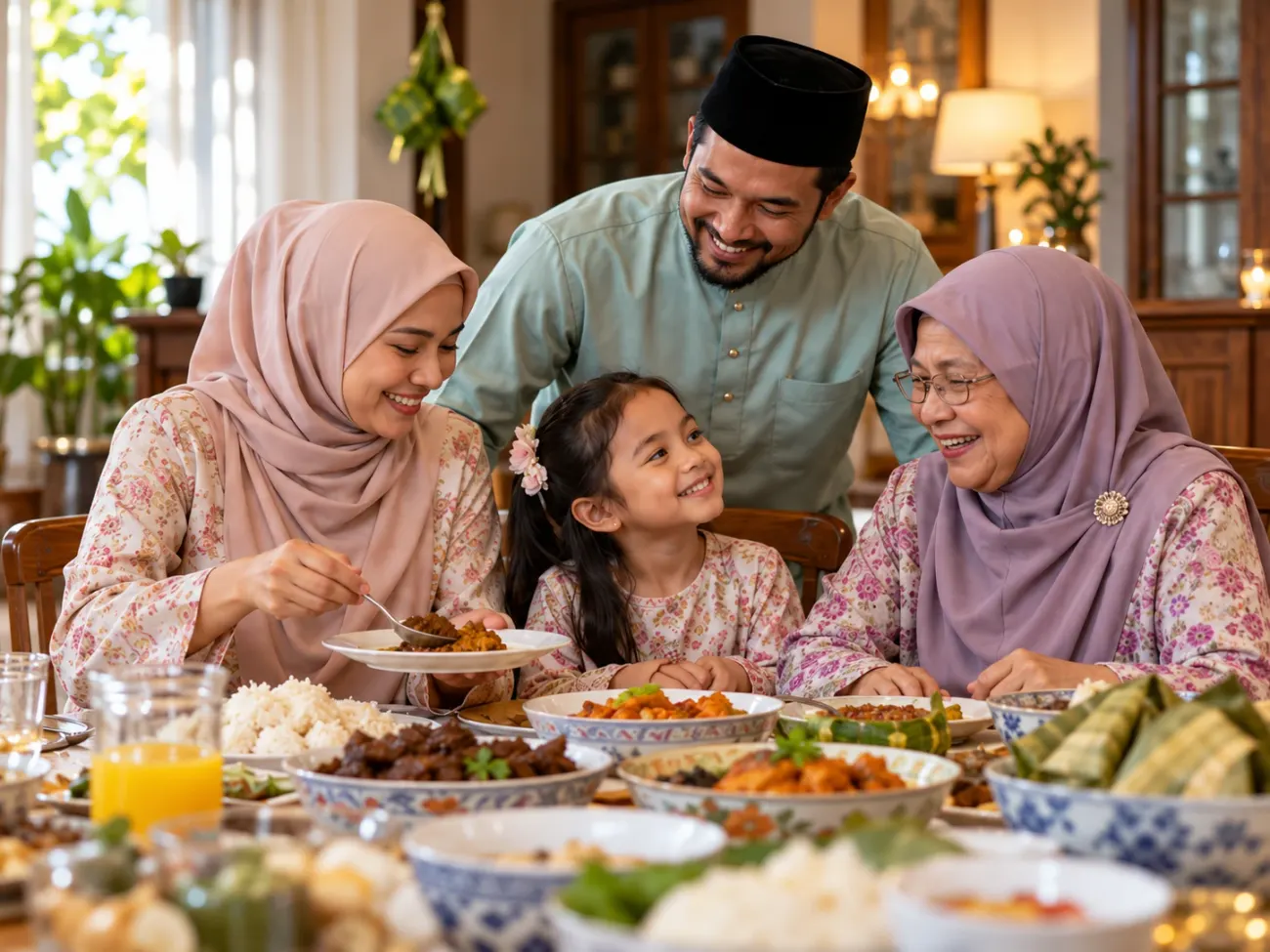 Keluarga Melayu makan bersama ketika raya