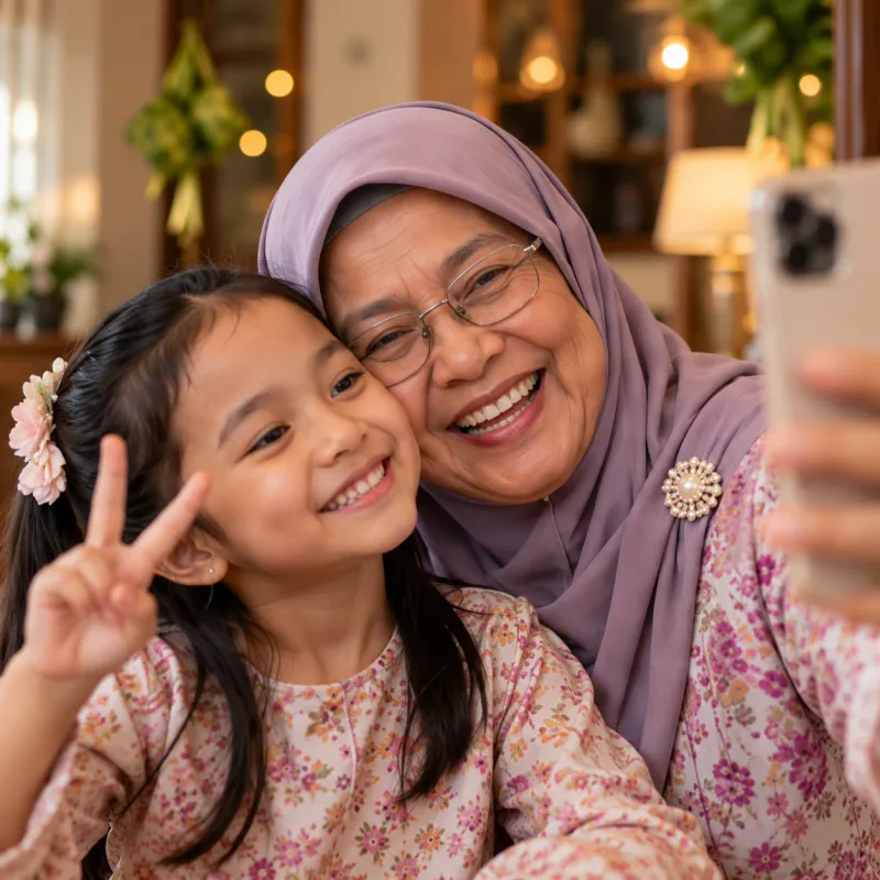 Nenek dan cucu bergambar selfie sambil tersenyum