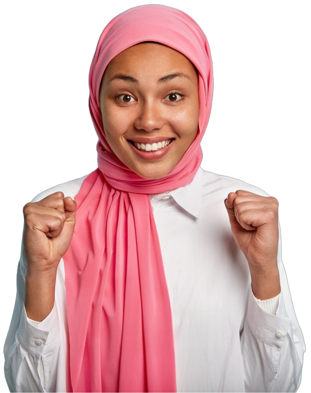 praying-ethnic-woman-raises-clenched-fists-rejoices-victory-satisfied-with-good-result-work-wears-pink-hijab-dressed-white-shirt-isolated-blue-wall-hand-gesture-happiness
